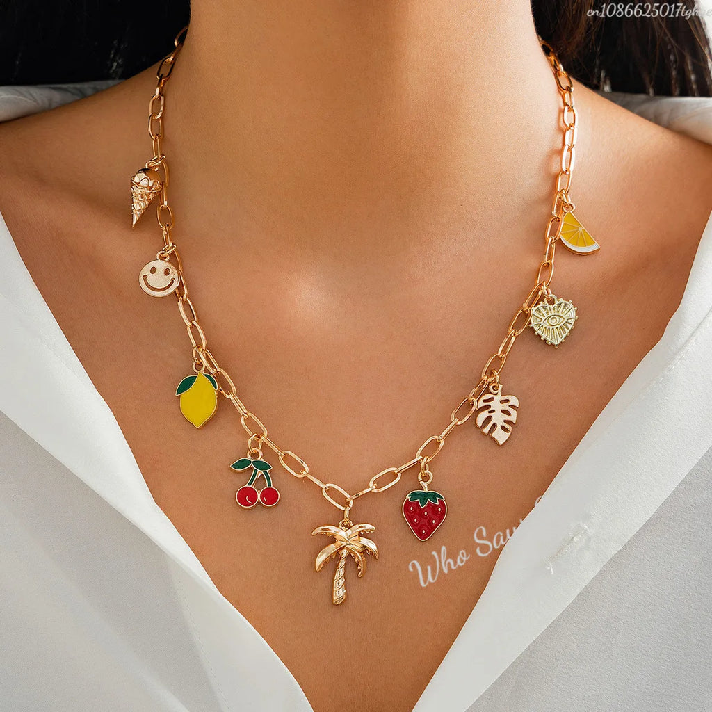 Boho Fruit Charm Choker Necklace | Cherry, Strawberry & Sweet Dopamine Jewellery | Afrocentric