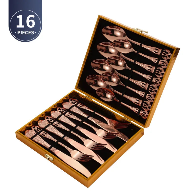 Luxury Retro Cutlery Set | Engraved Stainless Steel Flatware | 4pc, 5pc, 16pc & 24pc Sets Rose Gold 16pcs Box China Mainland | Afrocentric
