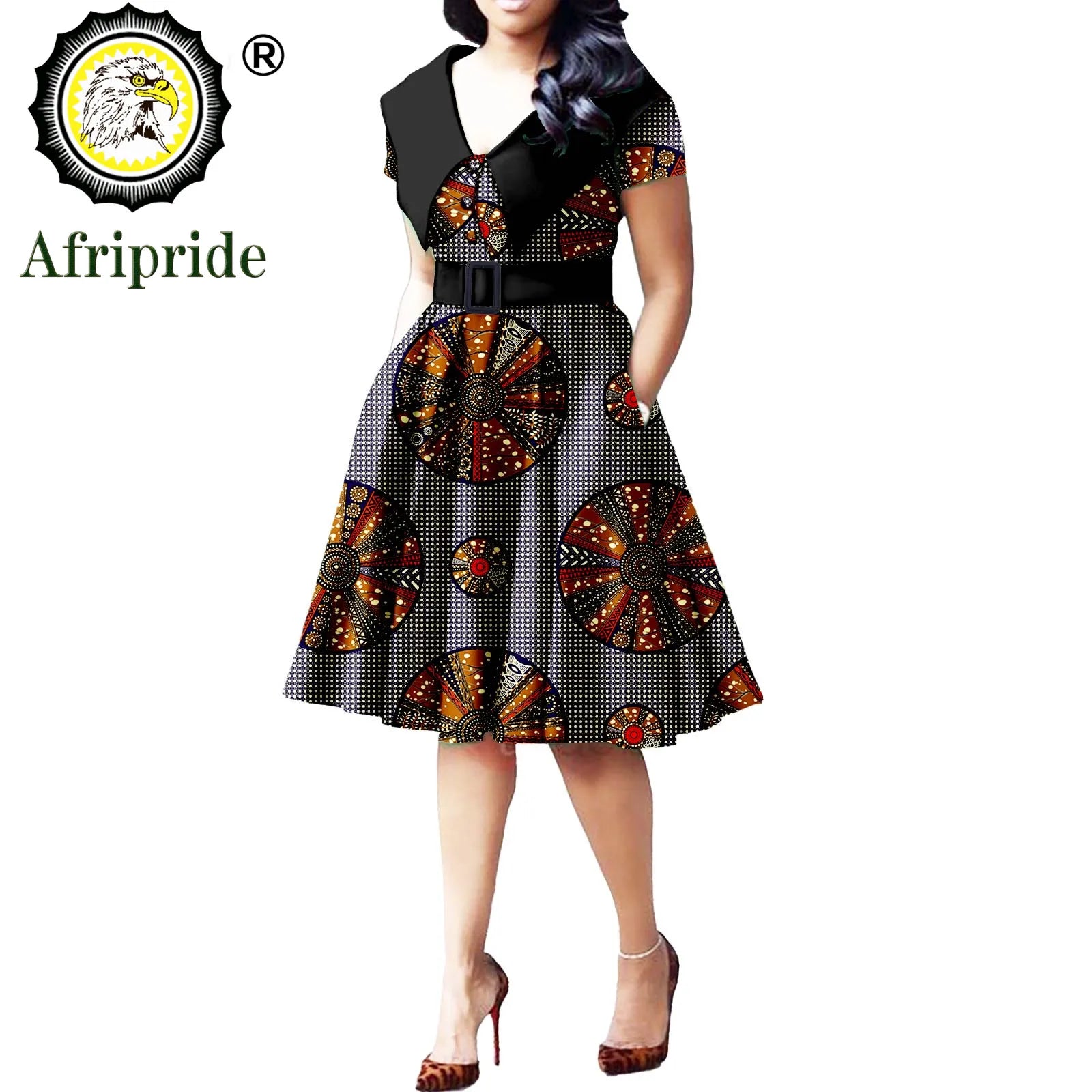 African Print Dresses for Women Short Sleeve Elegant Party Plus Size Pleated Dress with Belt Bazin Riche Ankara Print S2125034 583-12 | Afrocentric