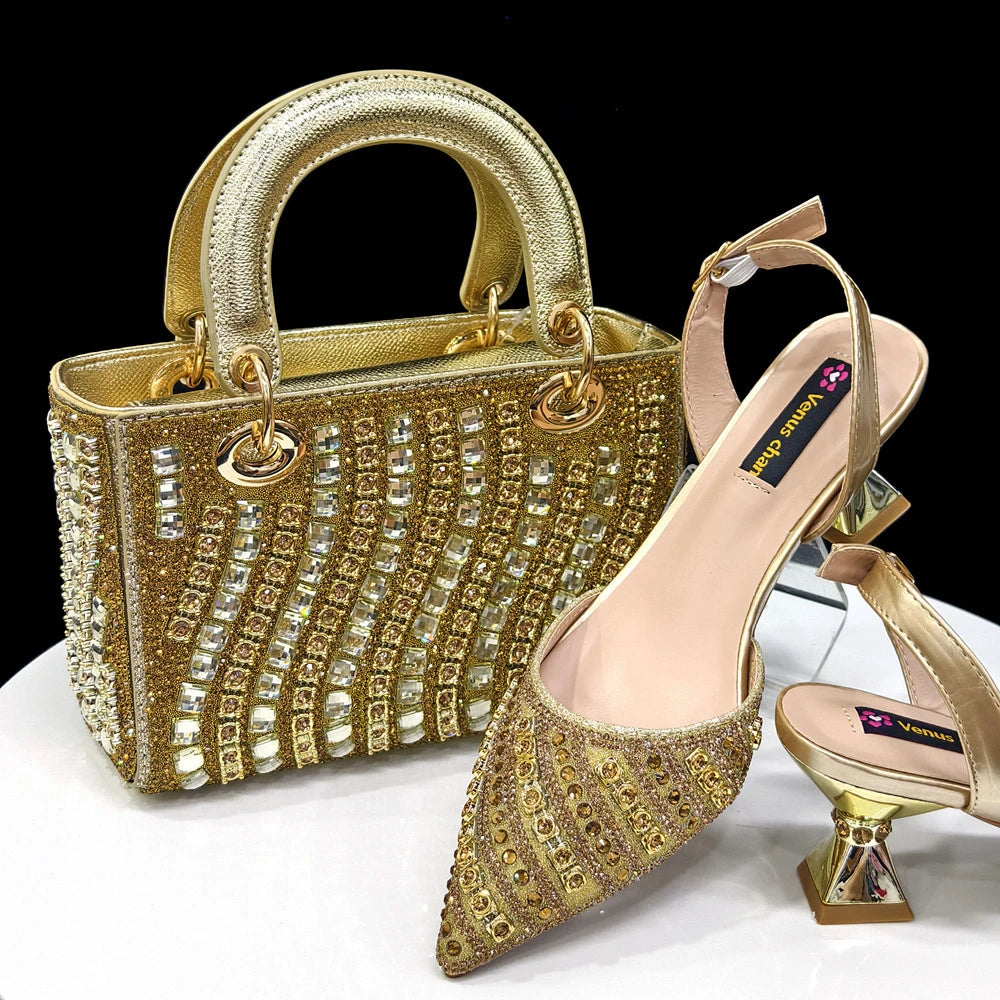 2025 Italian Fashion Pointed Toe Rhinestone Women Heels & Bag Set GOLD | Afrocentric