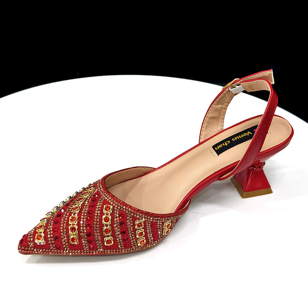 2025 Italian Fashion Pointed Toe Rhinestone Women Heels & Bag Set | Afrocentric
