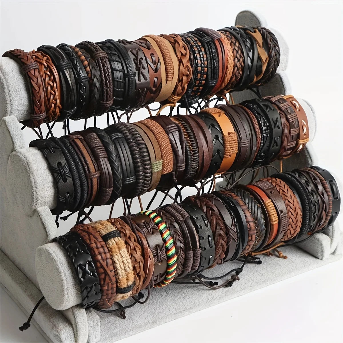 Braided Leather Bracelet Set | Ethnic Tribal Handmade Wrap Bracelets with Wood Beads | Afrocentric