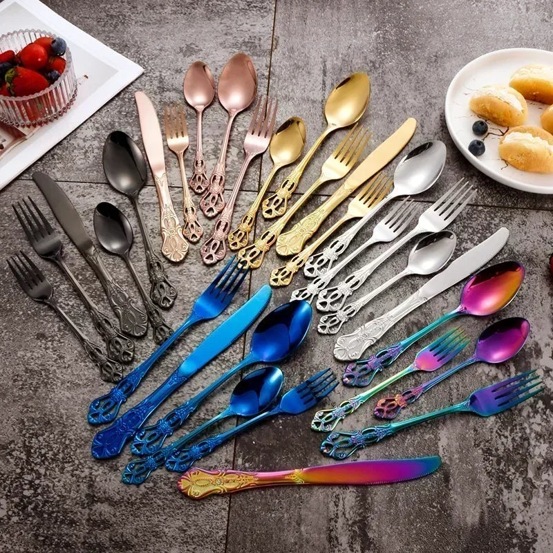 Luxury Retro Cutlery Set | Engraved Stainless Steel Flatware | 4pc, 5pc, 16pc & 24pc Sets | Afrocentric