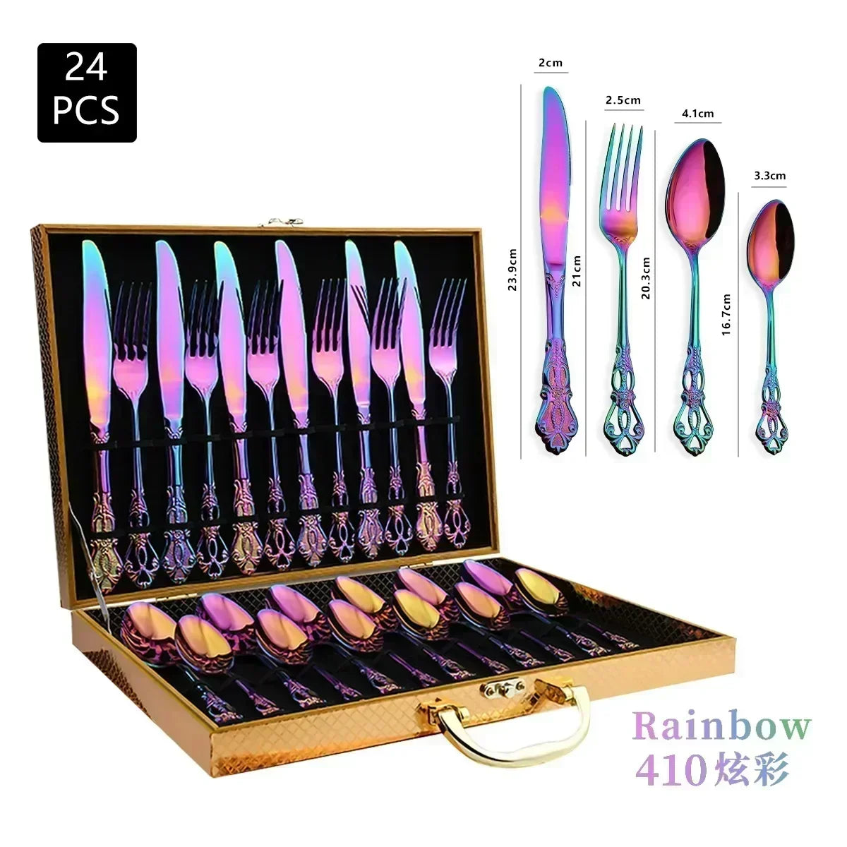 Luxury Retro Cutlery Set | Engraved Stainless Steel Flatware | 4pc, 5pc, 16pc & 24pc Sets Rainbow 24pcs Box China Mainland | Afrocentric