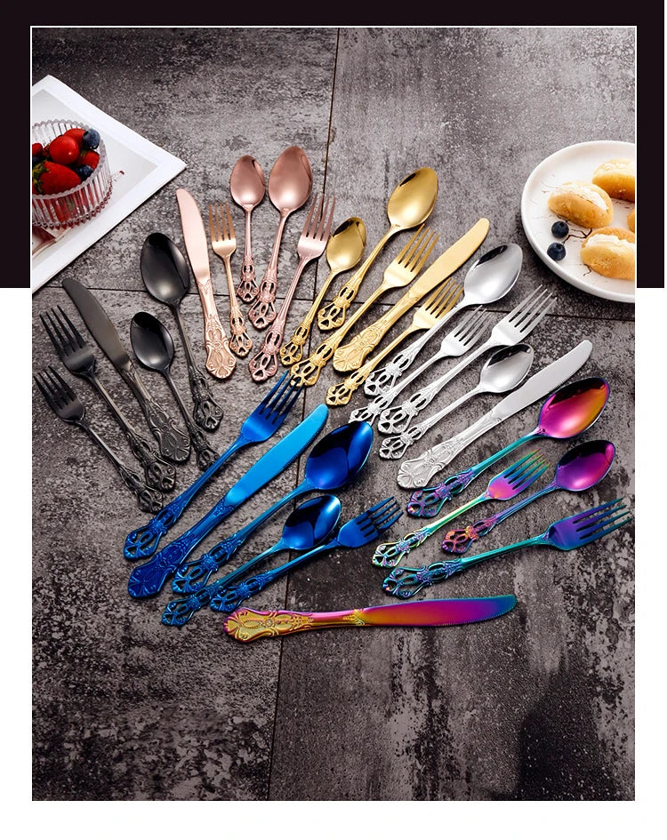 Luxury Retro Cutlery Set | Engraved Stainless Steel Flatware | 4pc, 5pc, 16pc & 24pc Sets | Afrocentric