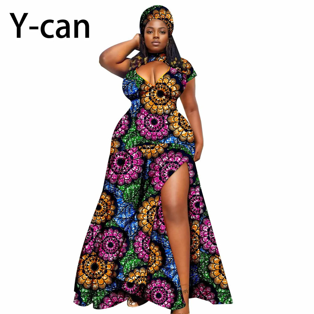 Dashiki African Women Dress Bazin Batik Sleeveless Slim Fit Mermaid Long Dress Sexy Hollow Women Dress with Headscarf 2425143 765 | Afrocentric
