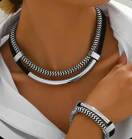2PCS Hip-Hop Style Metal Tube Necklace & Bracelet Set - Black & White Exaggerated Fashion Jewelry SL-2pcs | Afrocentric