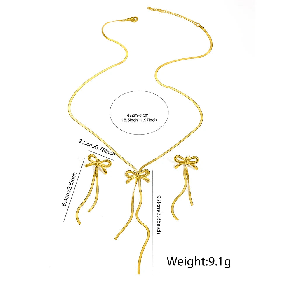 Delicate Bow Tassel Chain Necklace & Earrings Set | Gold Stainless Steel | Afrocentric