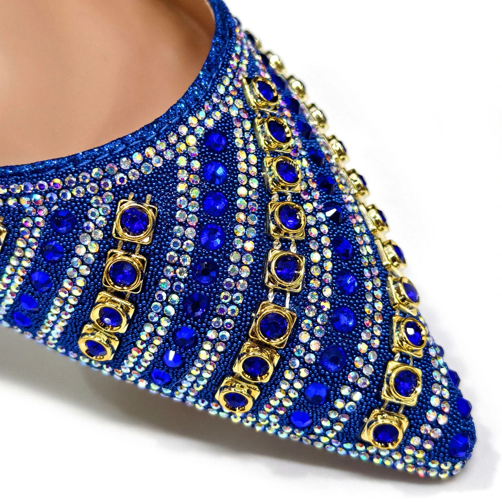 2025 Italian Fashion Pointed Toe Rhinestone Women Heels & Bag Set | Afrocentric