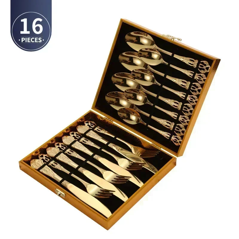 Luxury Retro Cutlery Set | Engraved Stainless Steel Flatware | 4pc, 5pc, 16pc & 24pc Sets Gold 16pcs Box China Mainland | Afrocentric