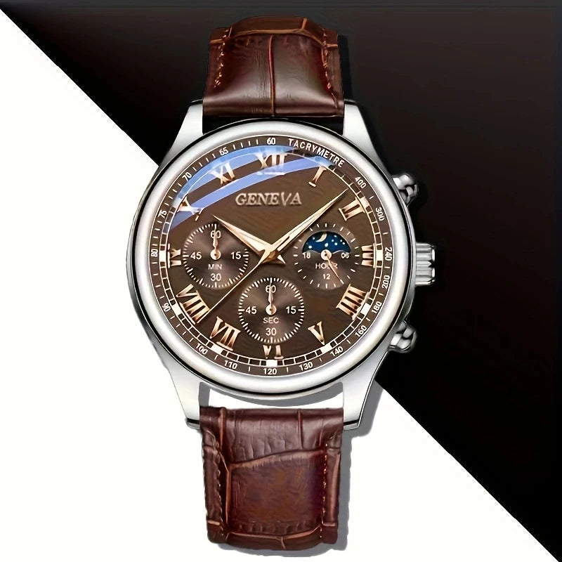 Men's Luxury Quartz Watch | Roman Numeral Dial, Leather Strap & Glow Hands 2pc | Afrocentric
