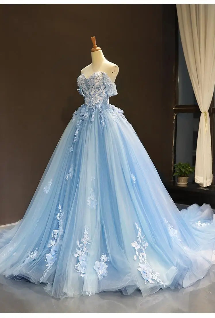 Floral Quinceañera Ball Gown – Off Shoulder Tulle Dress (Plus Size Available)
