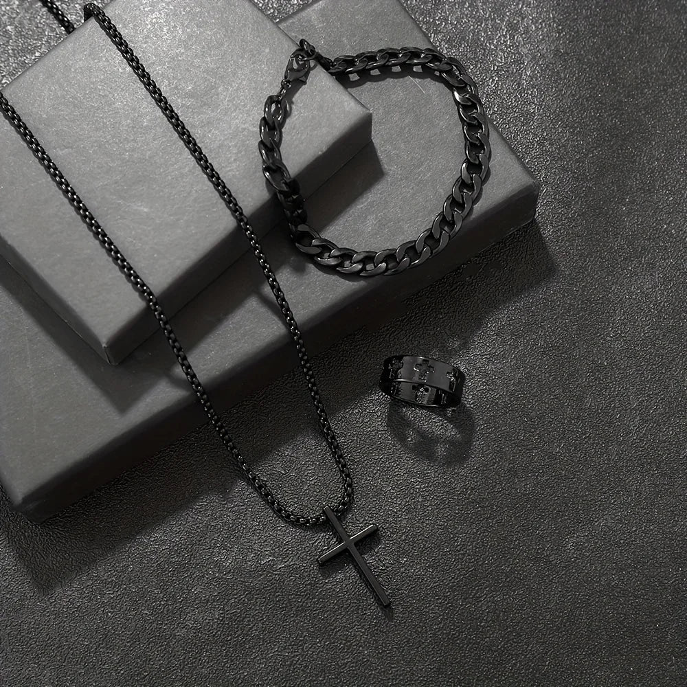 Men's 3-Piece Jewelry Set | Cross Pendant Necklace, Bracelet & Ring Combo | Afrocentric