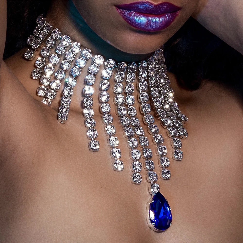 Crystal Rhinestone Choker Necklace | Luxury Geometric Water Drop Chain Collar 01 | Afrocentric