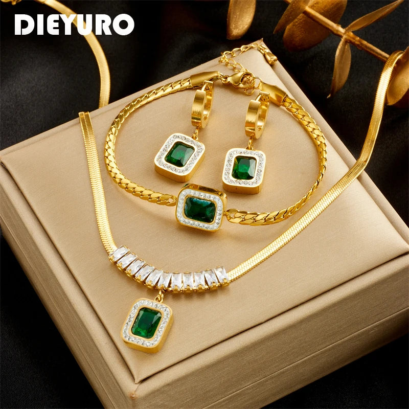 Green Crystal Zircon Jewelry Set | Necklace, Earrings & Bracelet for Women | Afrocentric