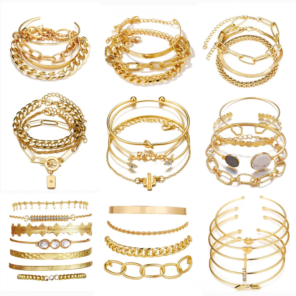 Boho Gold Chain Bracelet Set | Geometric Link Chain Open Bangle for Women | Afrocentric