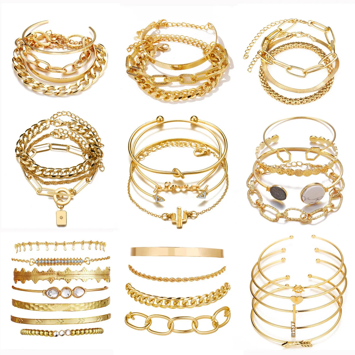 Boho Gold Chain Bracelet Set | Geometric Link Chain Open Bangle for Women | Afrocentric
