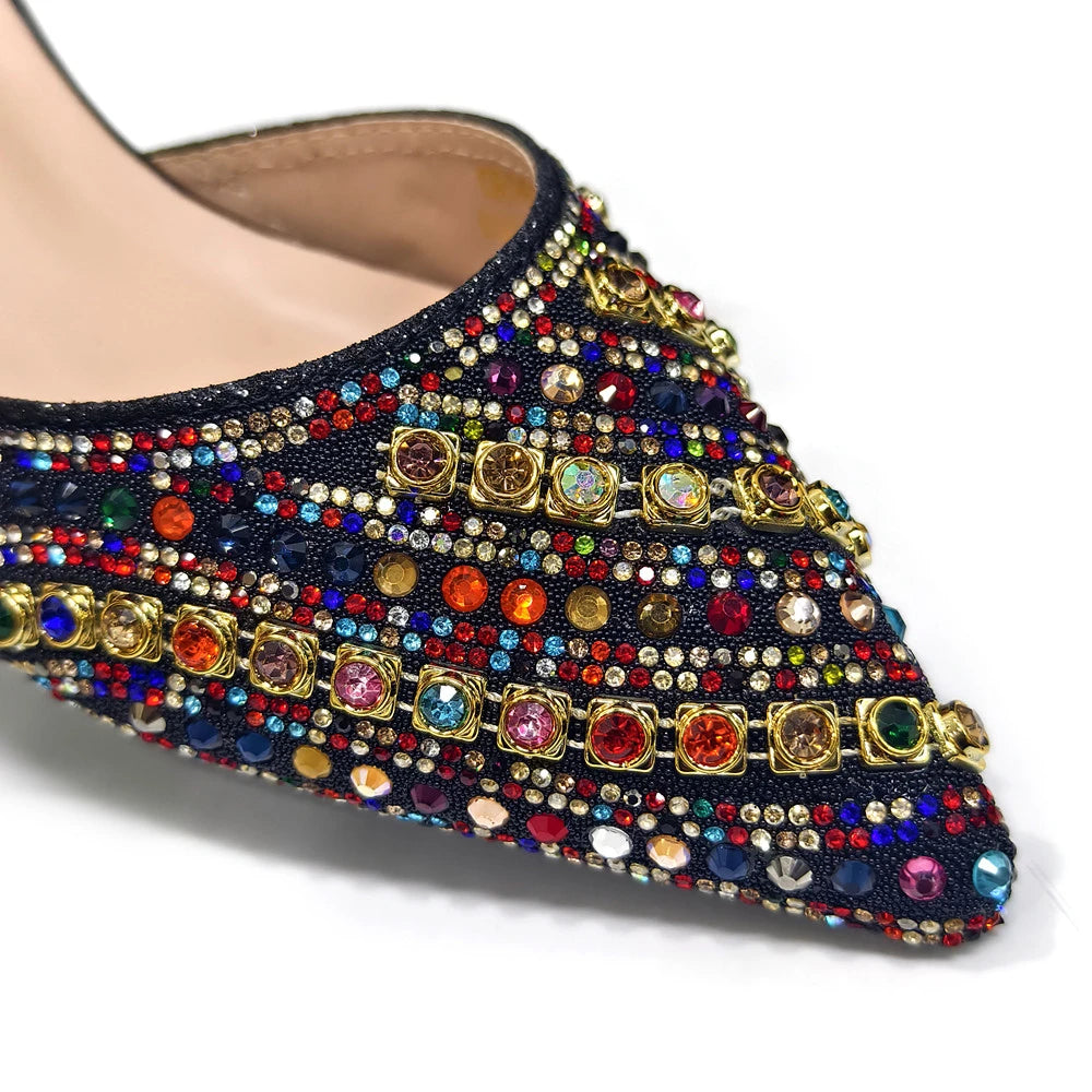 2025 Italian Fashion Pointed Toe Rhinestone Women Heels & Bag Set | Afrocentric