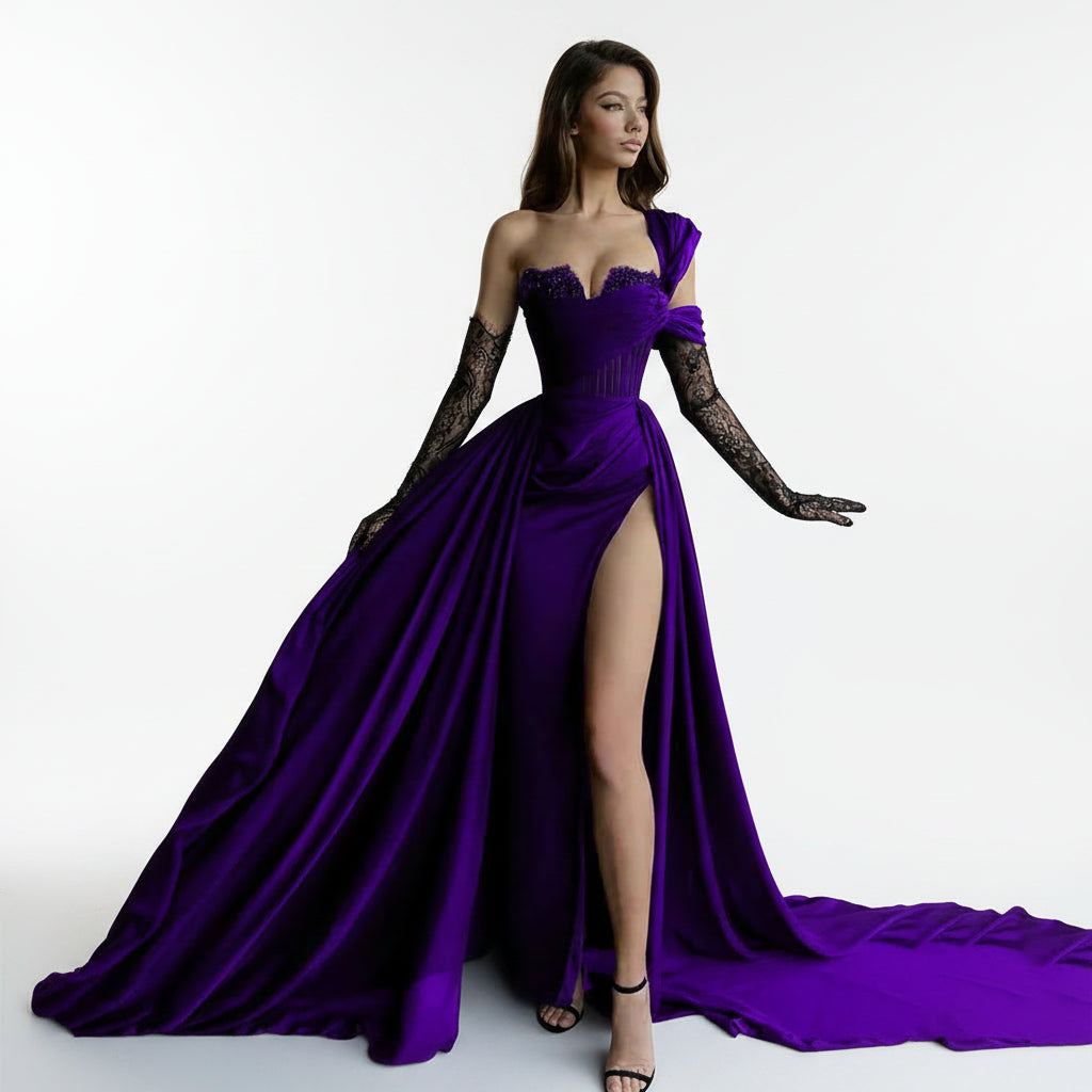 Mermaid Evening Dress | One Shoulder High Split Satin Prom Gown Purple | Afrocentric