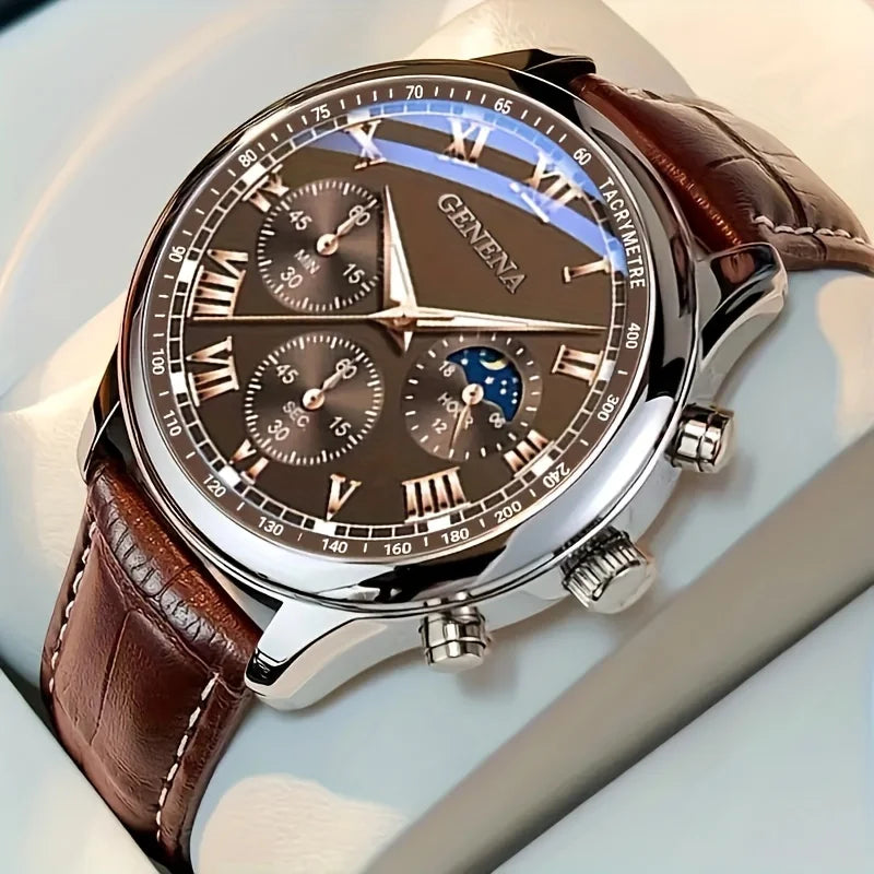 Men's Luxury Quartz Watch | Roman Numeral Dial, Leather Strap & Glow Hands | Afrocentric