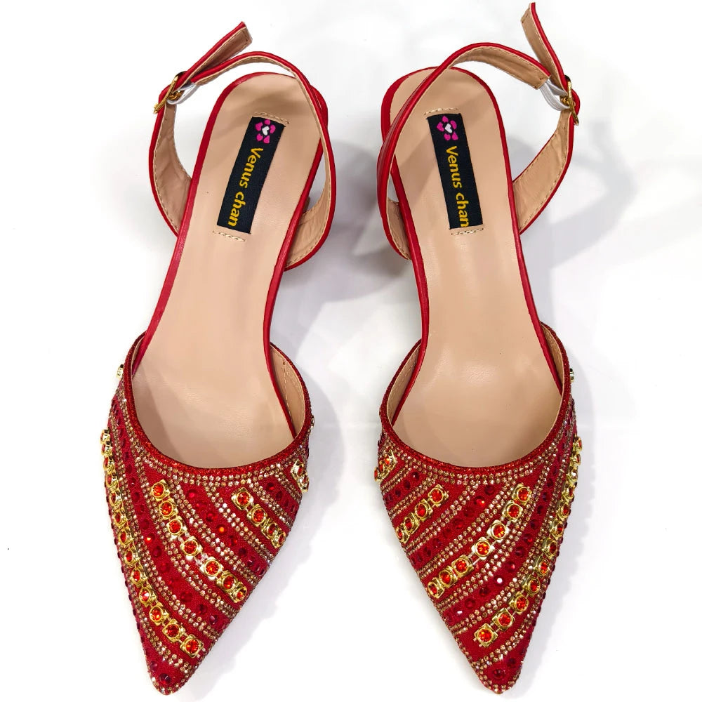 2025 Italian Fashion Pointed Toe Rhinestone Women Heels & Bag Set | Afrocentric