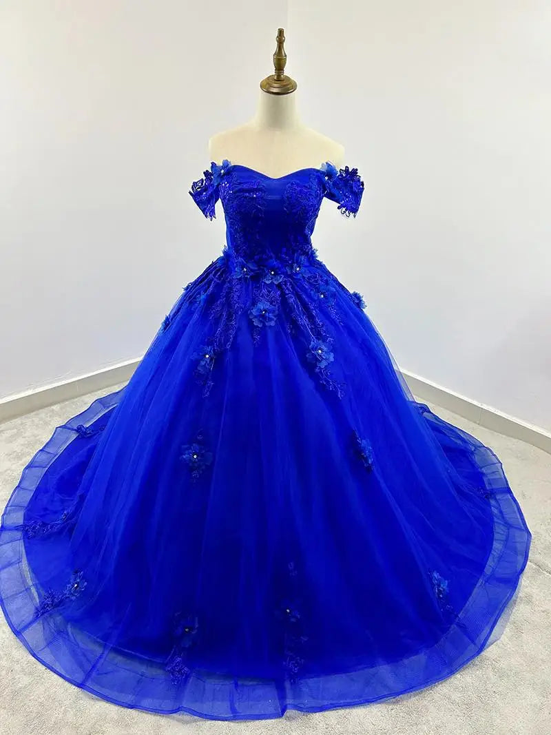 Floral Quinceañera Ball Gown – Off Shoulder Tulle Dress (Plus Size Available)