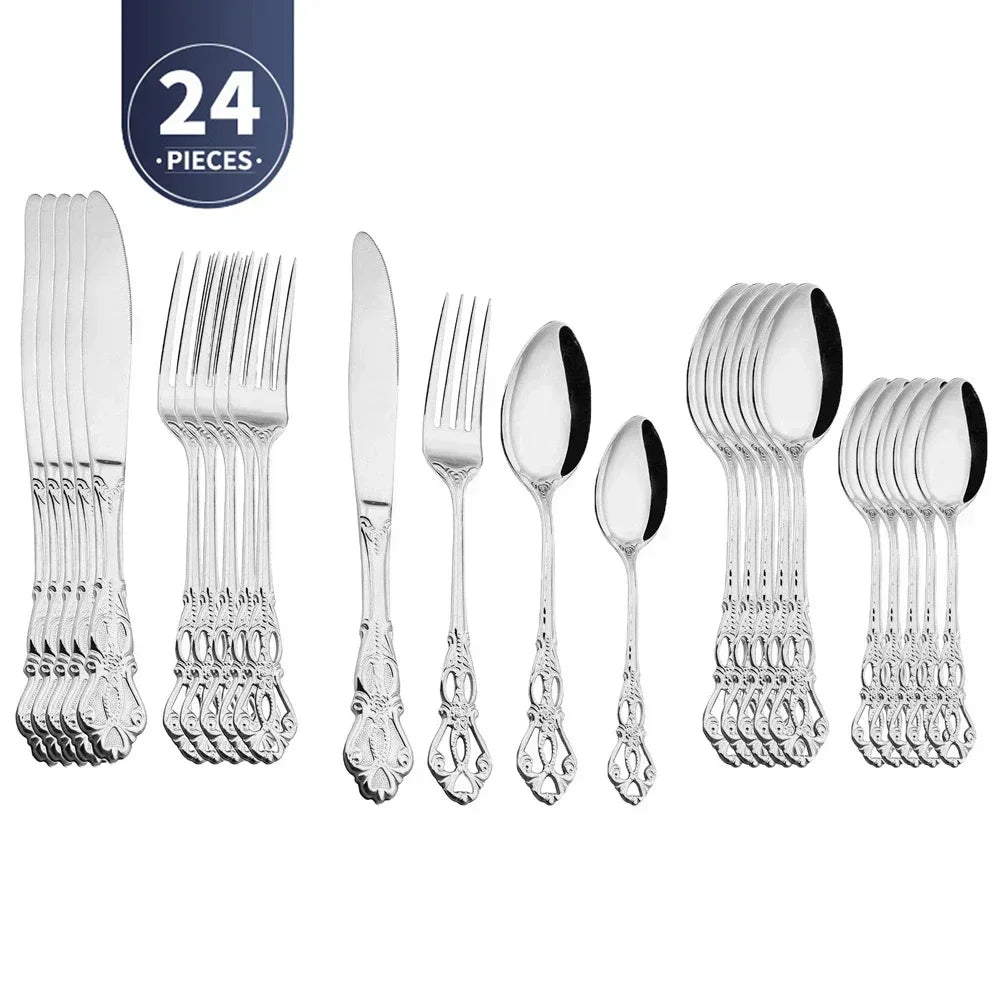 Luxury Retro Cutlery Set | Engraved Stainless Steel Flatware | 4pc, 5pc, 16pc & 24pc Sets Silver 24pcs China Mainland | Afrocentric