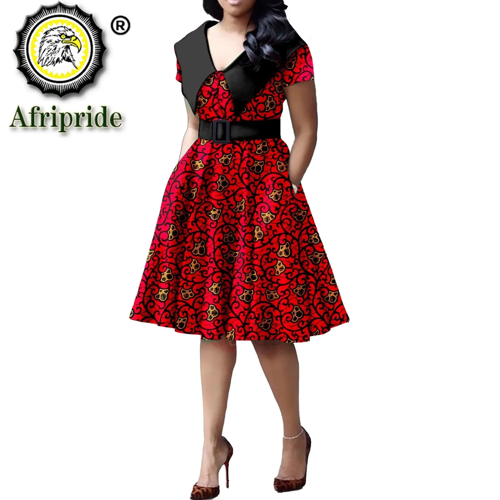 African Print Dresses for Women Short Sleeve Elegant Party Plus Size Pleated Dress with Belt Bazin Riche Ankara Print S2125034 726-12 | Afrocentric