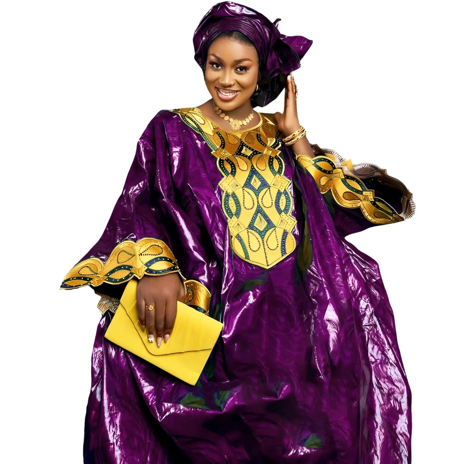 African Bazin Riche Embroidery Long Dress PURPLE | Afrocentric