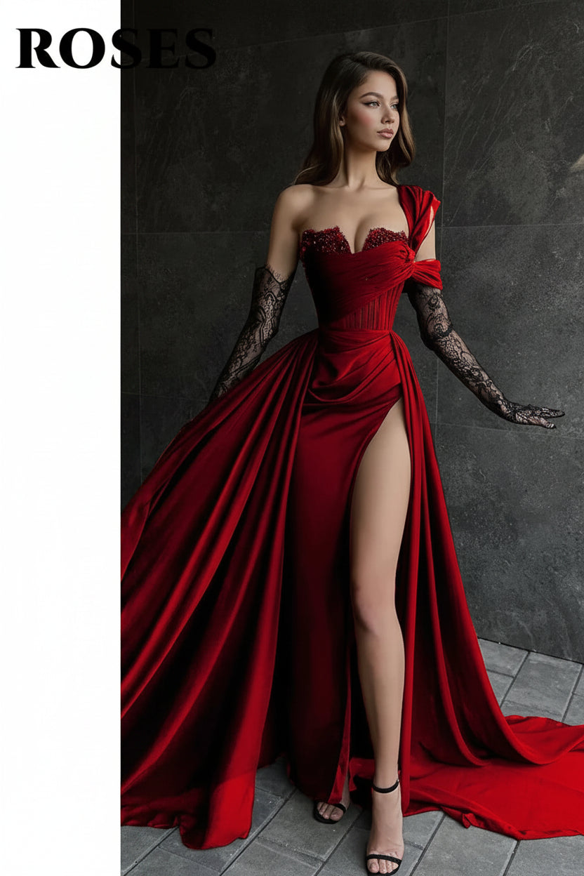 Mermaid Evening Dress | One Shoulder High Split Satin Prom Gown Picture Color | Afrocentric