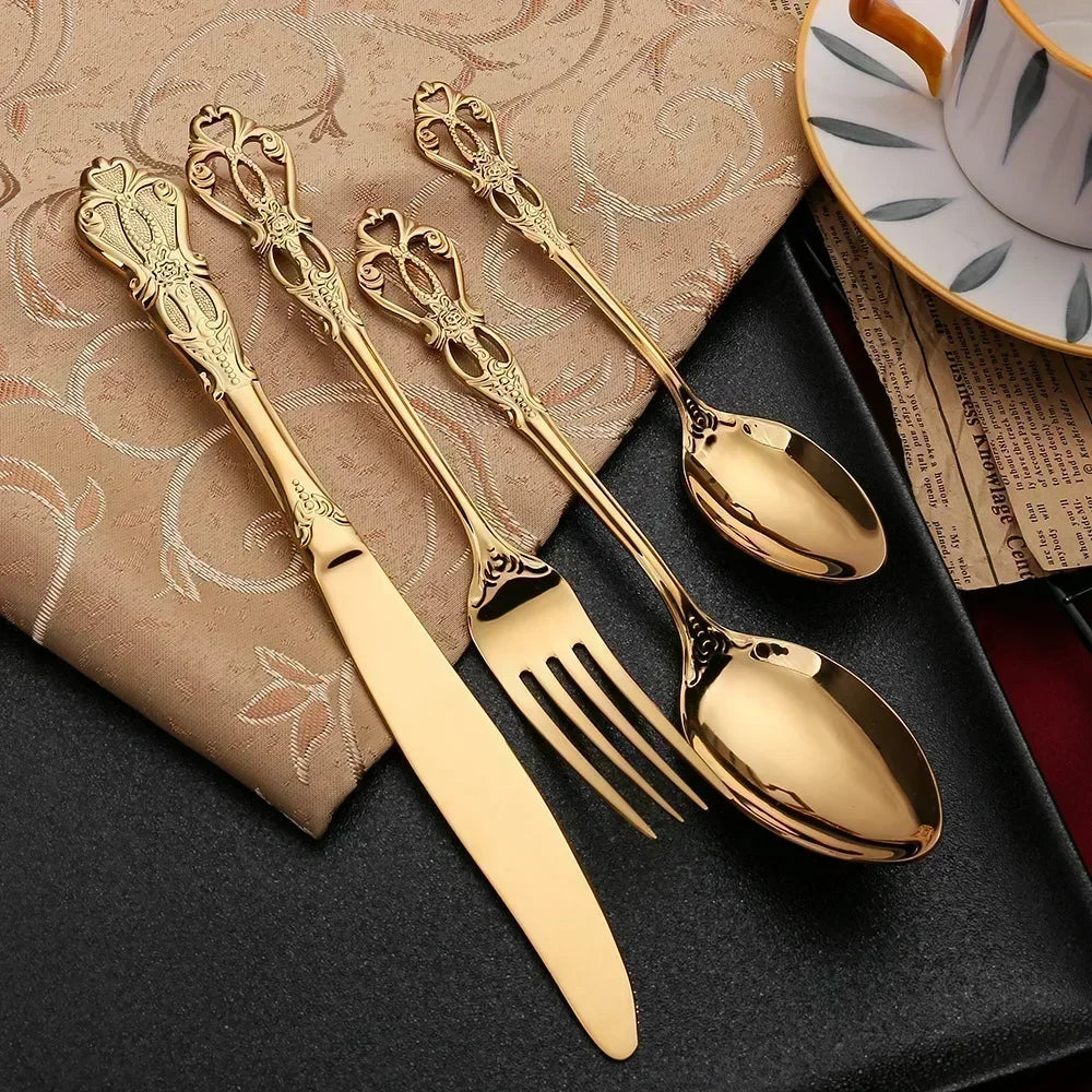 Luxury Retro Cutlery Set | Engraved Stainless Steel Flatware | 4pc, 5pc, 16pc & 24pc Sets | Afrocentric
