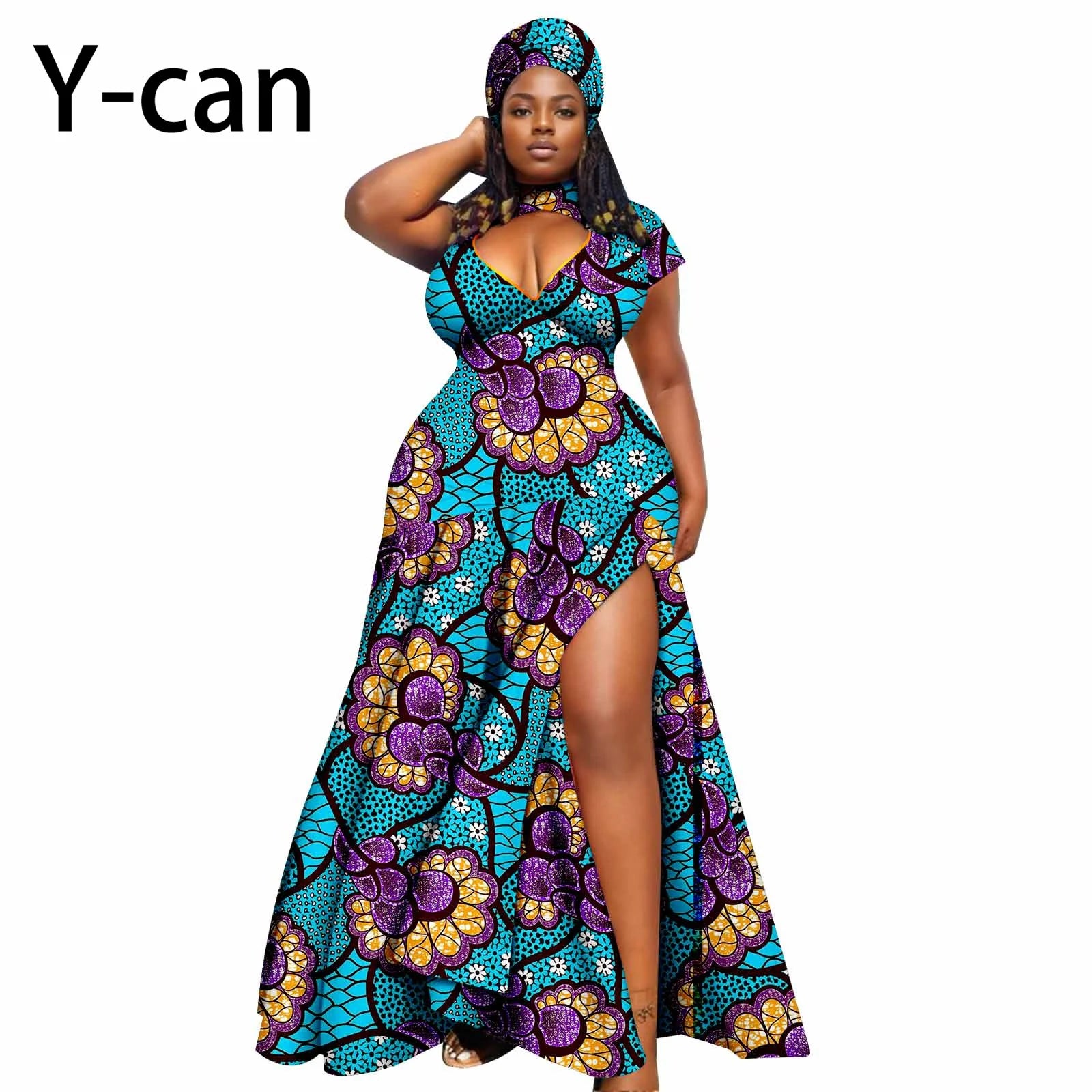 Dashiki African Women Dress Bazin Batik Sleeveless Slim Fit Mermaid Long Dress Sexy Hollow Women Dress with Headscarf 2425143 618 | Afrocentric