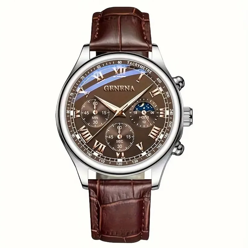 Men's Luxury Quartz Watch | Roman Numeral Dial, Leather Strap & Glow Hands 3pc | Afrocentric