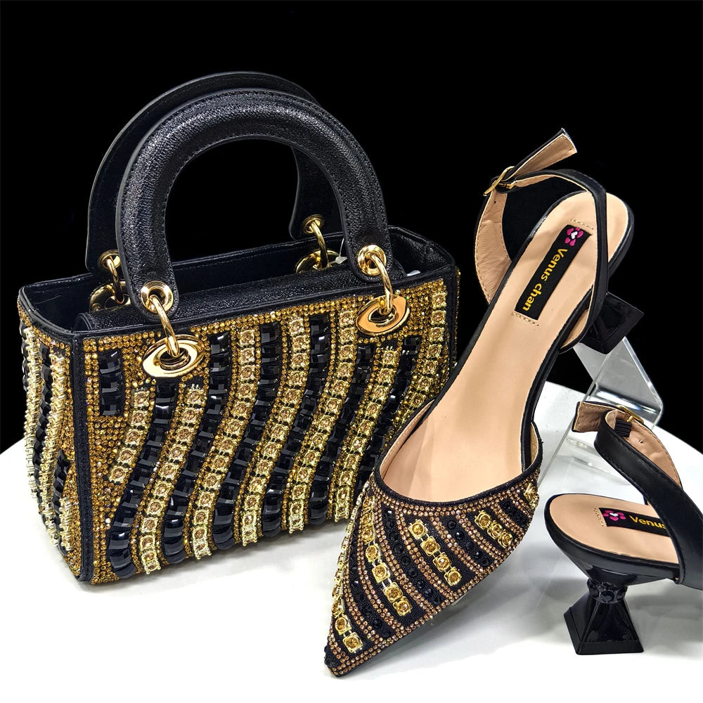 2025 Italian Fashion Pointed Toe Rhinestone Women Heels & Bag Set BLACK | Afrocentric