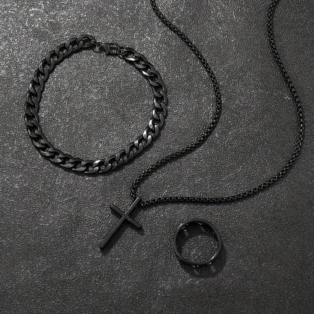 Men's 3-Piece Jewelry Set | Cross Pendant Necklace, Bracelet & Ring Combo | Afrocentric