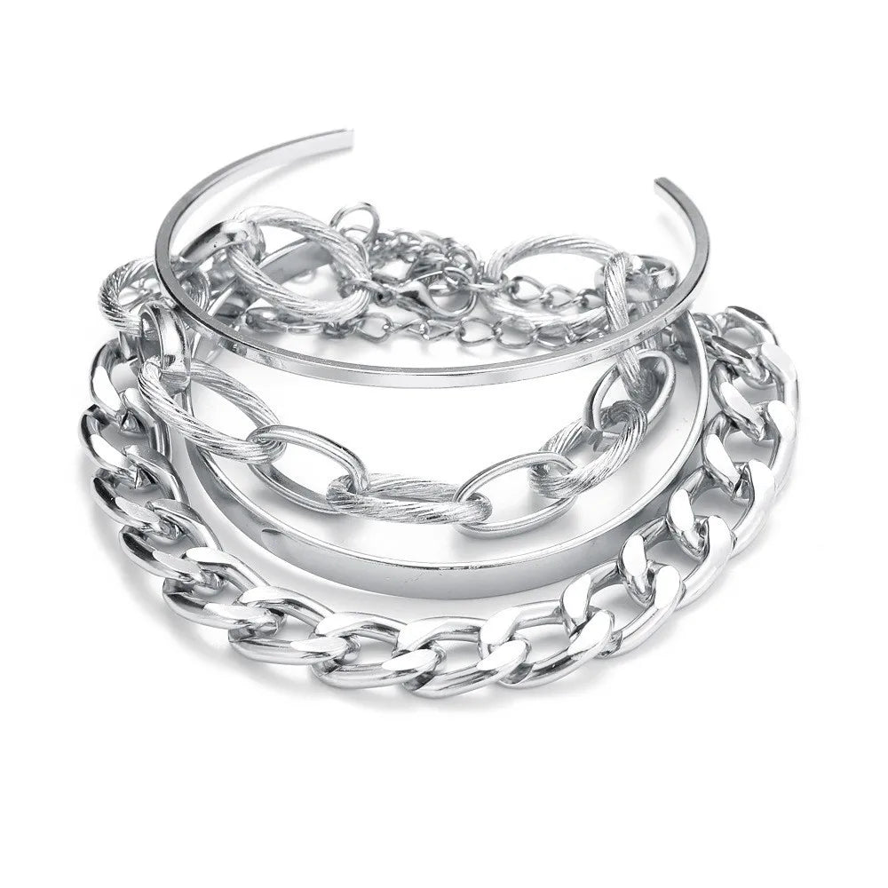 Boho Gold Chain Bracelet Set | Geometric Link Chain Open Bangle for Women 126 | Afrocentric