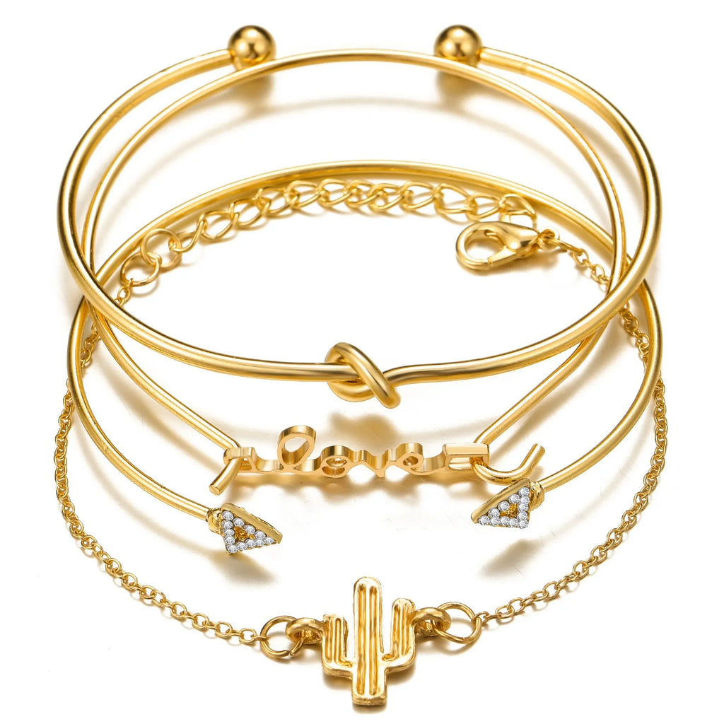 Boho Gold Chain Bracelet Set | Geometric Link Chain Open Bangle for Women | Afrocentric