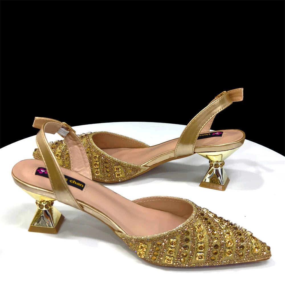 2025 Italian Fashion Pointed Toe Rhinestone Women Heels & Bag Set | Afrocentric
