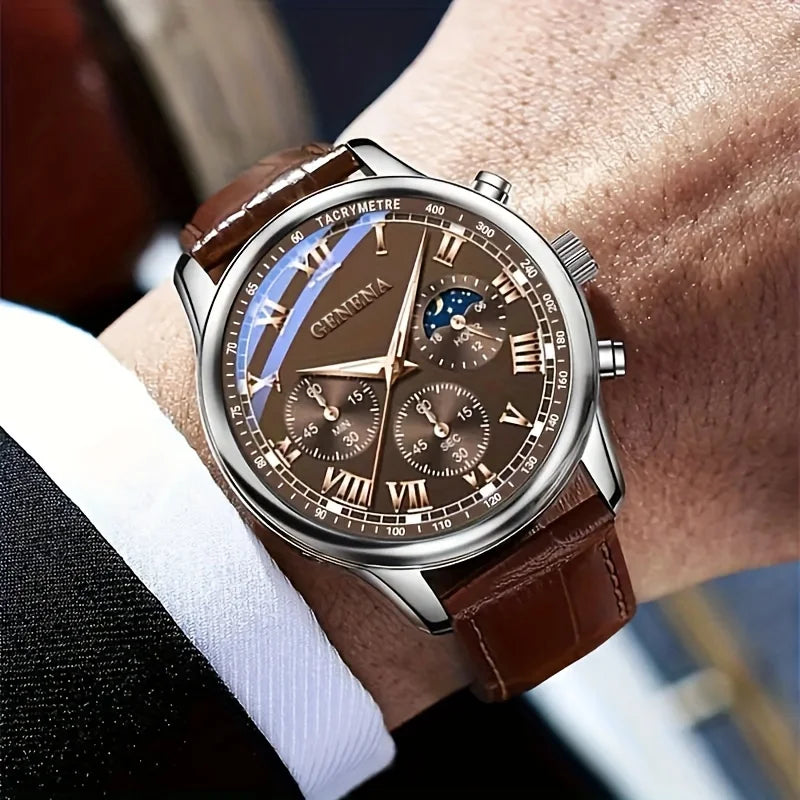 Men's Luxury Quartz Watch | Roman Numeral Dial, Leather Strap & Glow Hands | Afrocentric