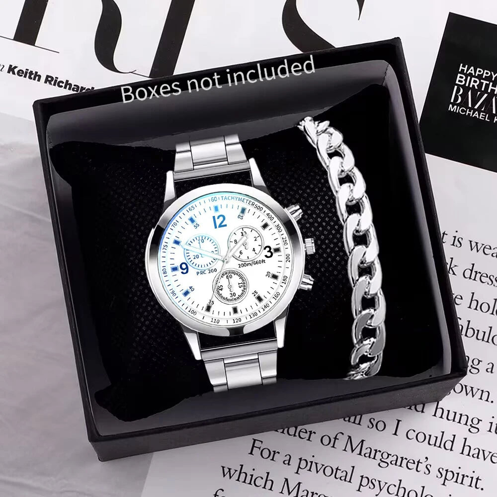 Men's Business Quartz Watch & Bracelet Set | Arabic Numeral Dial, Stainless Steel White Without Box | Afrocentric