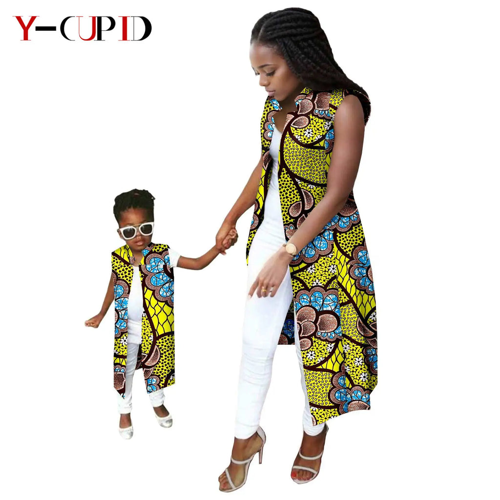 African Print Long Vest for Women and Girls Dashiki Summer Cotton Ankara Mother Jacket Outfits Matching Daughter Clothes 24F041 | Afrocentric