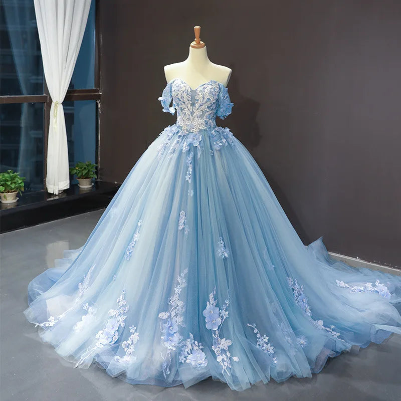 Floral Quinceañera Ball Gown – Off Shoulder Tulle Dress (Plus Size Available)