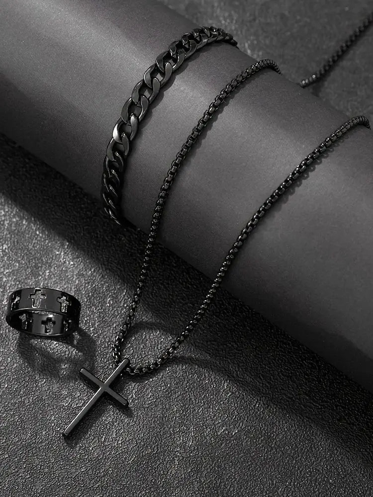 Men's 3-Piece Jewelry Set | Cross Pendant Necklace, Bracelet & Ring Combo | Afrocentric